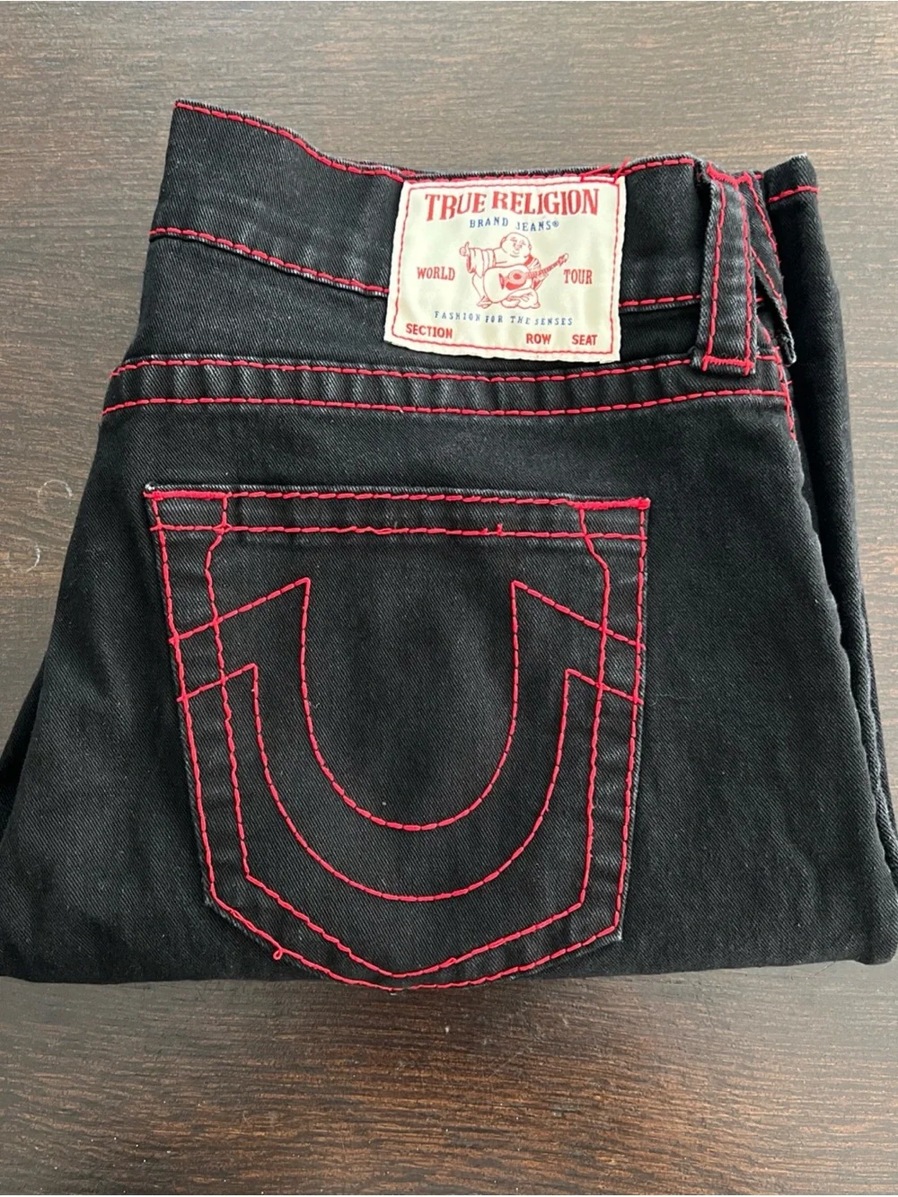 True Religion Ricky Big T Relaxed Straight Black Jeans Red Stitch Sz 36x32